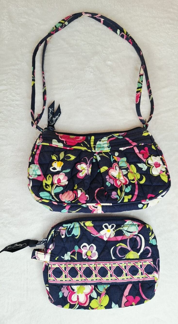 Vera Bradley Quilted Cosmetic Bag - Retired Ribbons Navy Blue Pink Floral Pouch